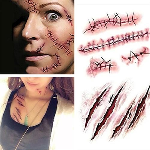 2pcs Temporária Tatuagem Etiqueta Halloween Terrorismo Realista Ferimento de Ferimento de Sangue Cicatriz