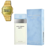 Perfume Dolce & Gaabbana Liight Blue Feminino 100ml Com Lindo Relógio Vintage Digital Dourado A168
