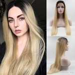 Blonde Wig Ombre with Dark Roots Heat Resistant Long Straight Hair Glueless Synthetic Lace Front Wig Two Tone High Temperature Women Wigs