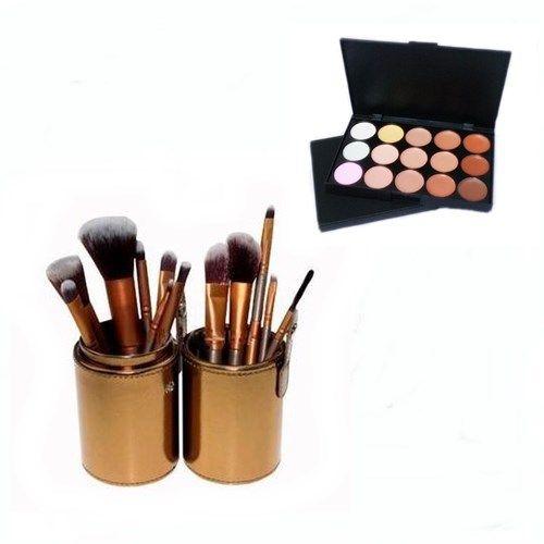 Pincel Maquiagem Profissional Kit C/ 12 Dourado + Paleta Base e Corretivo - Magic Make