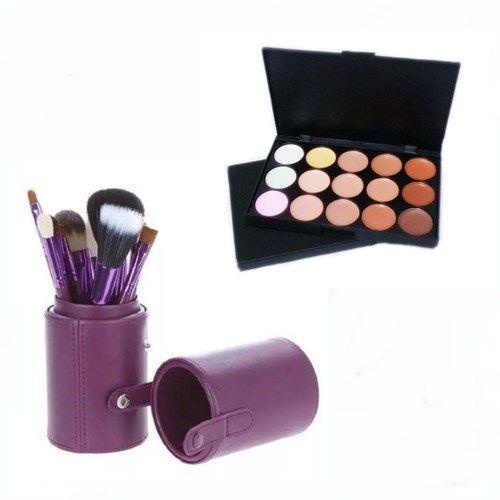 Pincel Maquiagem Profissional Kit C/ 12 Roxo + Paleta Base e Corretivo - Magic Make