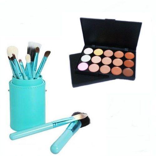 Pincel Maquiagem Profissional Kit C/ 12 Verde + Paleta Base e Corretivo - Magic Make