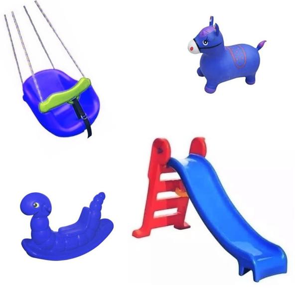 Playground Infantil Azul com Escorregador Completo 4 Peças - Natalplast