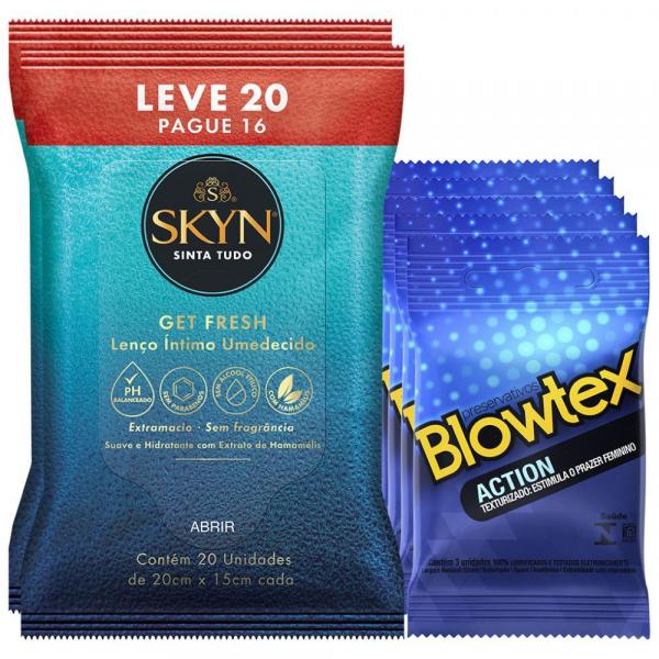 Preservativo Blowtex Action C/ 15 Un. + Lenços Umidecidos Skin 40 Un.