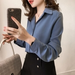 Spring Lady Long Sleeve Blouse Simple Solid Color Lapel Loose Base Shirt