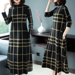 Spring Autumn Long Dress Plaid Stand Collar Pocket Combined Color Loose Pullover Dress