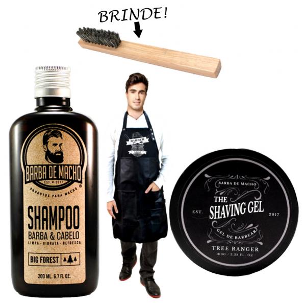 Produtos Barba Shampoo + Shaving Gel + Avental Barbearia - Barba de Macho