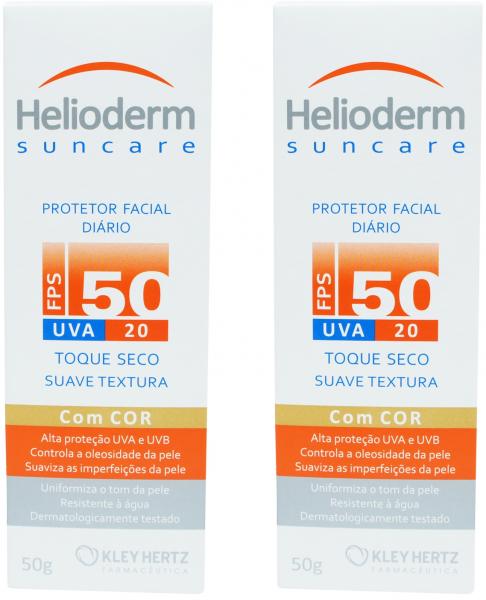 Protetor Solar Facial F50 Helioderm 50g C/ Cor Kit com 2 Un