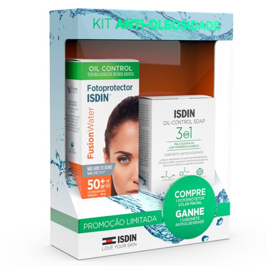 Protetor Solar Facial Isdin Fusion Water Oil Control Fps50+ 50ml Grátis Sabonete Oil Control Soap 3em1 80g