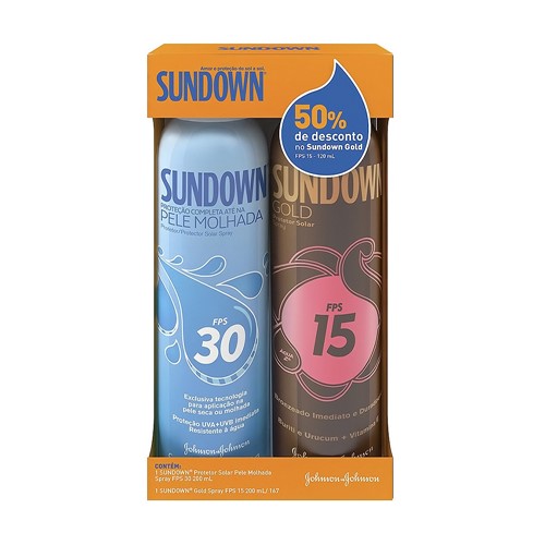 Protetor Solar Sundown Pele Molhada FPS 30 Spray com 200ml + 50% Desconto Protetor Solar Sundown Gold FPS 15 Spray com 200ml