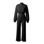Pure Color High Collar Backless Long Sleeve Casual Jumpsuit Pants for Women