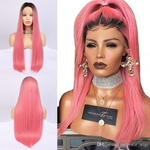 26inch Dark Roots Ombre Pink Color Long Straight Wigs Glueless Synthetic Lace Front Wigs for Women Middle Part Cosplay Wigs Heat Resistant