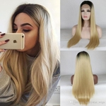 Fashion Ombre Honey Blonde Wig With Black Roots Synthetic Wigs for Women Heat Resistant Long Straight Hair Lace Front Wig Natural Hairline
