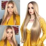 Fashion 2 Tones Blonde Color Ombre Wig Long Straight Synthetic Lace Front Wigs For Women Dark Roots Heat Resistant Middle Part Cosplay Wigs