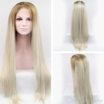 Natural Soft Dark Roots Long Straight Ombre Blonde Wigs High Temperature Fiber Hair Glueless Synthetic Lace Front Wig For Women