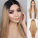 Ombre Hair Dark Roots To Ash Blonde Heat Resistant Natural Hair Long Wigs Straight Synthetic Lace Front Wig For Women Daily Wear 24inch
