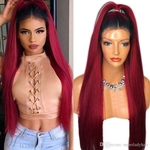 Front lace wig African ladies long straight hair Burgundy synthetic wigs long straight hairpieces middle part hair wig