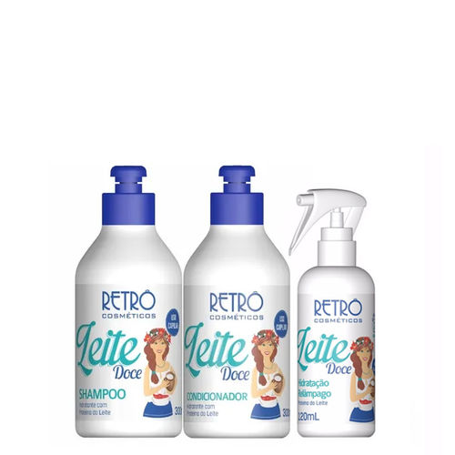 Retrô Cosméticos Leite Doce Kit Shampoo 300ml Condicionador 300ml Spray Hidratação Relâmpago 120ml