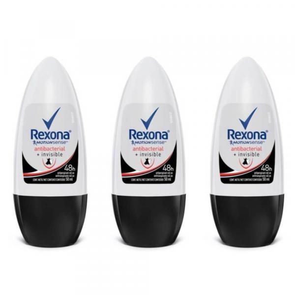Rexona Antibacterial + Invisible Desodorante Rollon Feminino 50ml (Kit C/03)