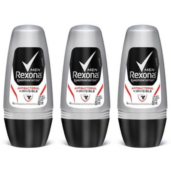 Rexona Antibacterial + Invisible Desodorante Rollon Masculino 50ml (Kit C/03)