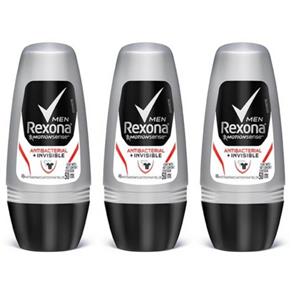 Rexona Antibacterial + Invisible Desodorante Rollon Masculino 50ml - Kit com 03