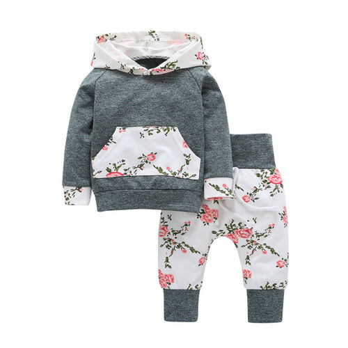Roupa bebé recém-nascido Hoodie Tops T-shirt + calças de algodão 2pcs Suit Roupa floral da mola bonito Outono Set