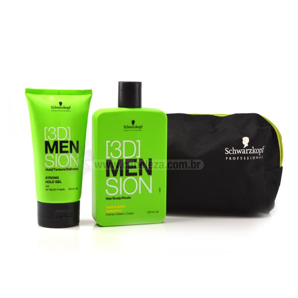 Schwarzkopf 3D MEN SION Kit Shampoo Hair Body - Gel Fixação Forte Strong Hold e Necessaire - Schwarzkopf