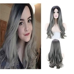Sexy Gradiente Partido Grey perucas de cabelo longo encaracolado cores misturadas peruca sint¨¦tica