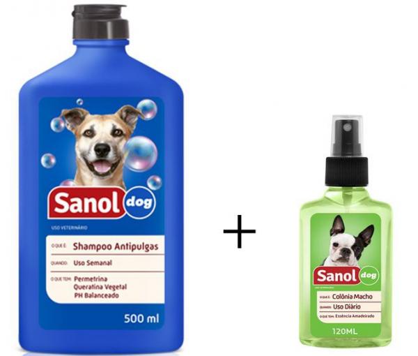 Shampoo Antipulga 500ml + Colonia Perfume para Cães Machos - Sanol
