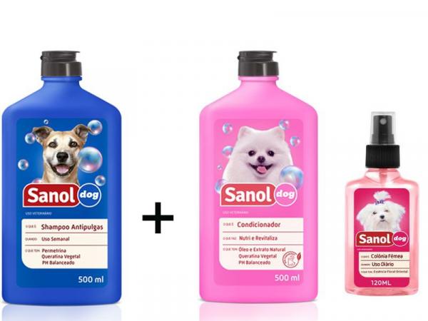 Shampoo Antipulga para Cachorro + Condicionador Revializante e Perfume Cachorro Fragrância Femea Sanol Dog