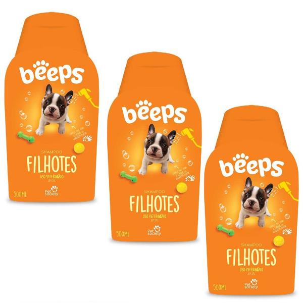 Shampoo Beeps Pet Society Filhotes Cães Gatos 500ml 03 Unid.