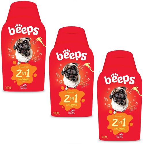Shampoo Beeps Pet Society Pelos Curtos 2 em 1 500ml - 3 Unid