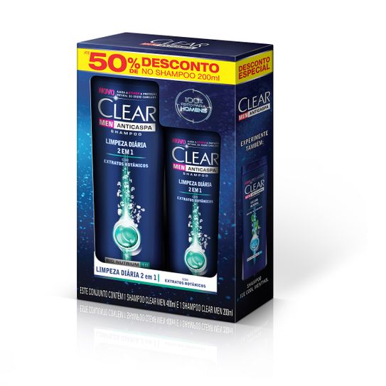 Shampoo Clear Men 2x1 Limpeza Diária 400ml + Shampoo Clear Men 2x1 Limpeza Diária 200ml Preço Especial