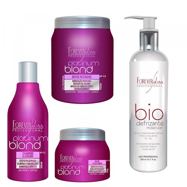 Shampoo e Máscara e Bottox Platinum Blond e Bio Defrizante Escova Progressiva Temporária - Forever Liss
