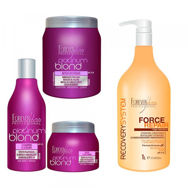Shampoo e Máscara e Bottox Platinum Blond e Condicionador Hidratante Force Repair 1L - Forever Liss