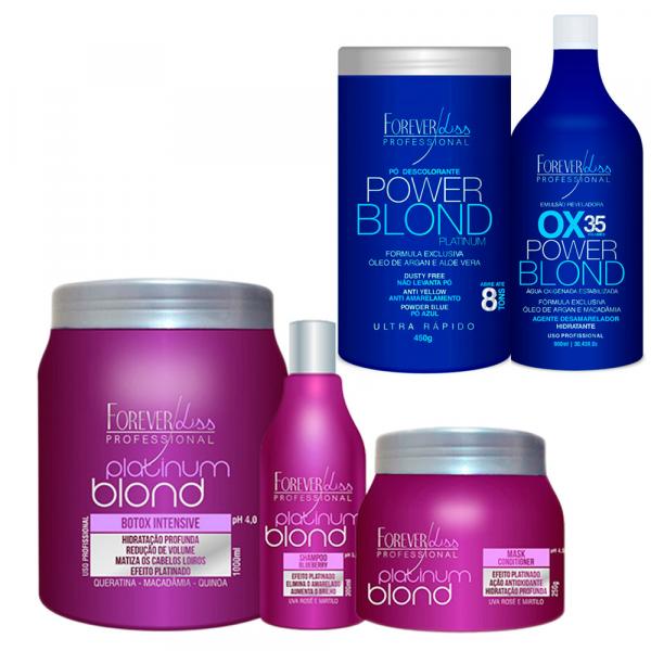 Shampoo e Máscara e Bottox Platinum Blond e Kit Descolorante Pó com OX 35 - Forever Liss