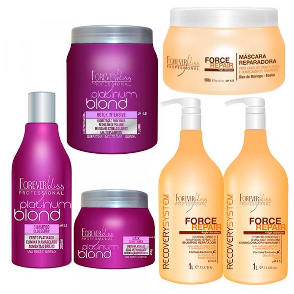 Shampoo e Máscara e Bottox Platinum Blond e Kit Force Repair com 3 Itens - Forever Liss
