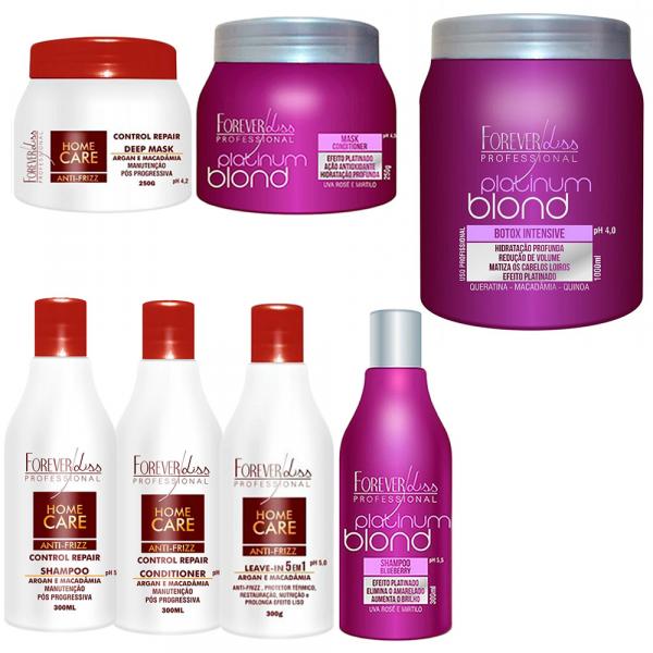 Shampoo e Máscara e Bottox Platinum Blond e Kit Pós Progressiva Home Care - Forever Liss