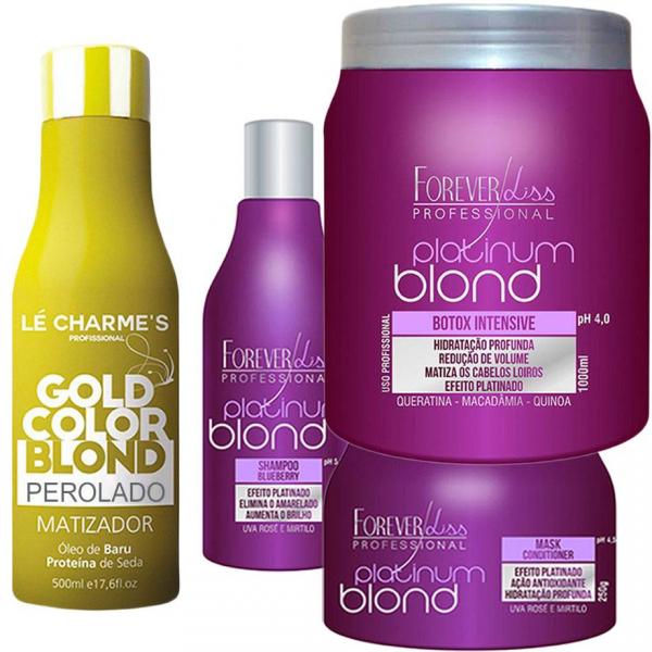 Shampoo e Máscara e Bottox Platinum Blond e Matizador Gold 500ml - Forever Liss