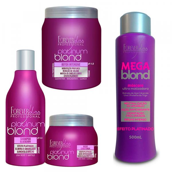 Shampoo e Máscara e Bottox Platinum Blond e Matizador Mega Blond 500ml - Forever Liss