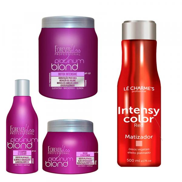 Shampoo e Máscara e Bottox Platinum Blond e Matizador Red Efeito Vermelho 500ml - Forever Liss