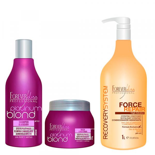 Shampoo e Máscara Platinum Blond e Condicionador Force Repair 1L - Forever Liss