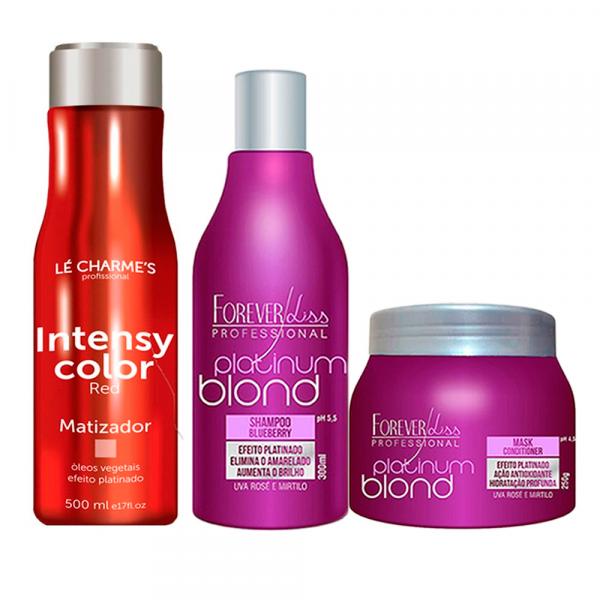 Shampoo e Máscara Platinum Blond e Matizador Red Efeito Vermelho Intensy Color 500ml - Forever Liss