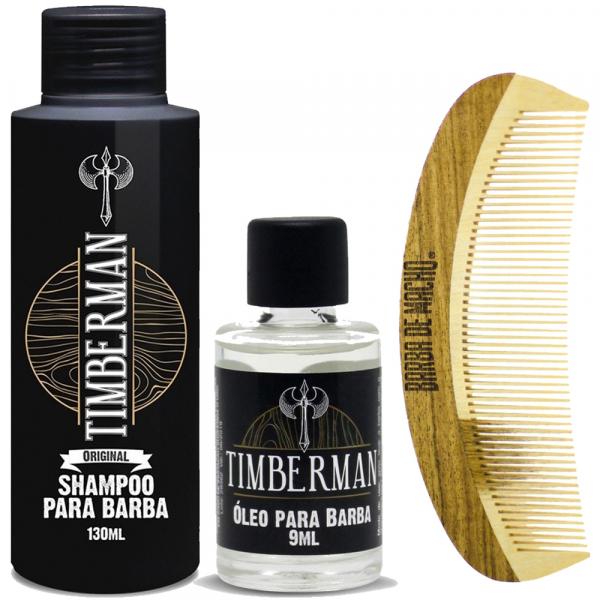 Kit Timberman 1 Shampoo 1 Oleo + Pente Madeira Curvo