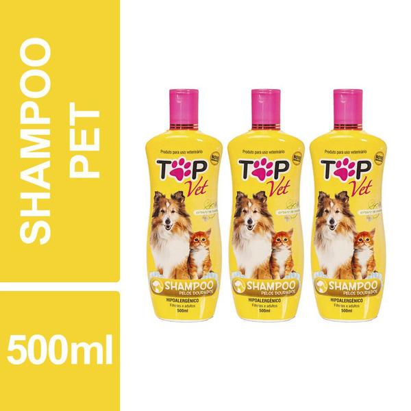 Shampoo Pelos Dourados Premium Pet Top Vet 500ml Kit 3un