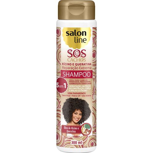 Shampoo Rícino e Queratina SOS Cachos - Reparação Extrema 5 em 1 - 300ml Salon Line