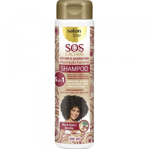 Shampoo S.O.S Cachos Reparação Extrema 5 em 1 Rícino e Queratina 300ml - Salon Line
