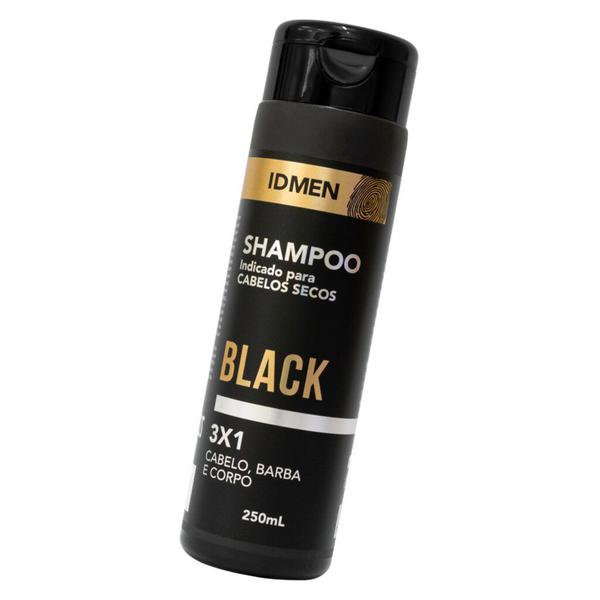 Shampoo 3x1 Barba Cabelo Corpo Black 250ml IDMen - Uso Diário Limpeza Maciez e Perfume Suave