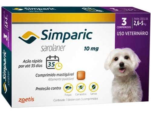 Antipulgas para Cães Simparic 2,6 a 5 Kg 10mg com 3 Comprimidos - Zoetis