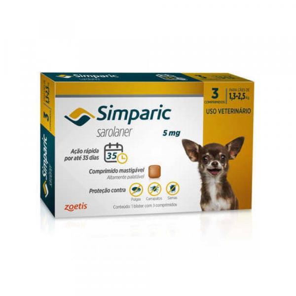 Simparic 5mg Anti Pulga e Carrapato Cães de 1,3 a 2,5 Kg 3 Comprimidos - Zoetis